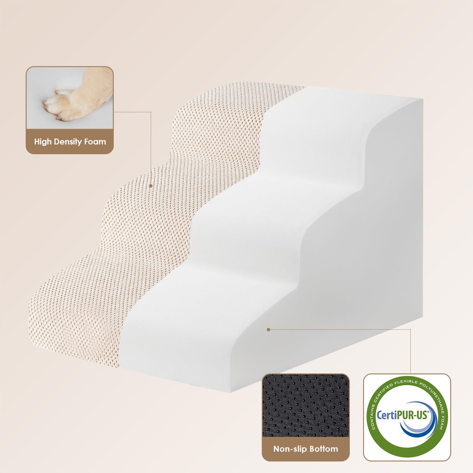 EHEYCIGA curved dog stairs beige front view highlights 3-step height for couch accessibility.