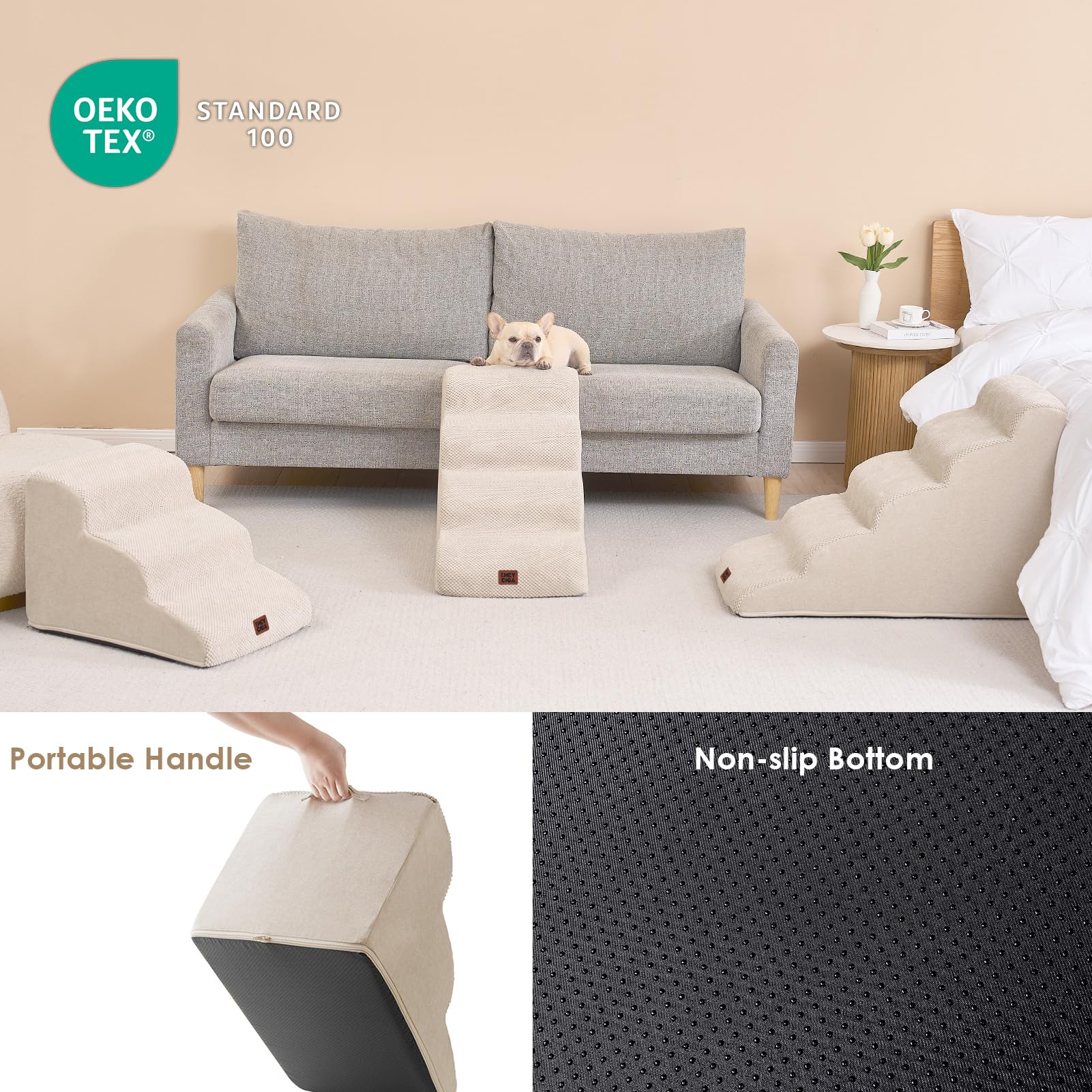 EHEYCIGA curved dog stairs beige non-slip base ensures confident climbs