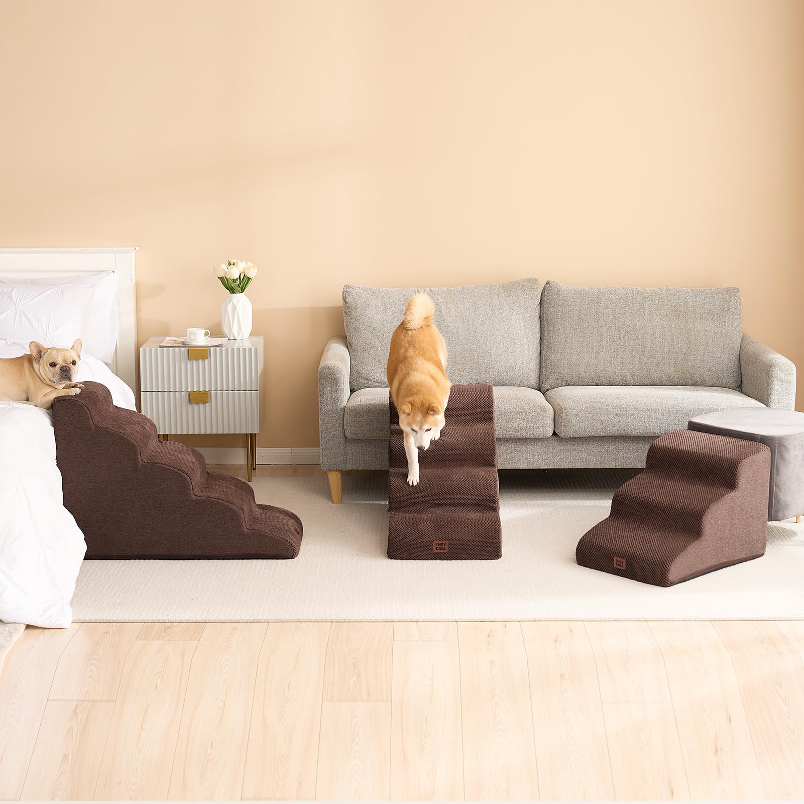 EHEYCIGA curved dog stairs brown-color blends with home decor.