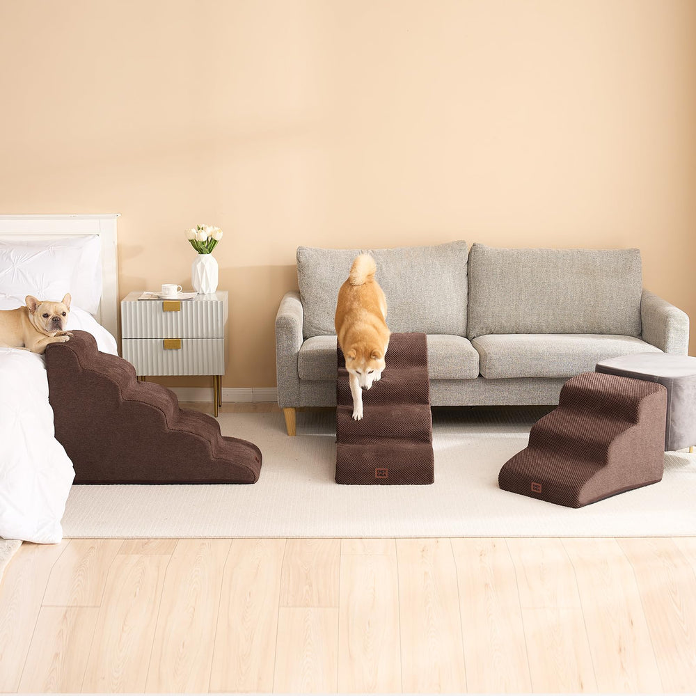 EHEYCIGA curved dog stairs brown-color blends with home decor.