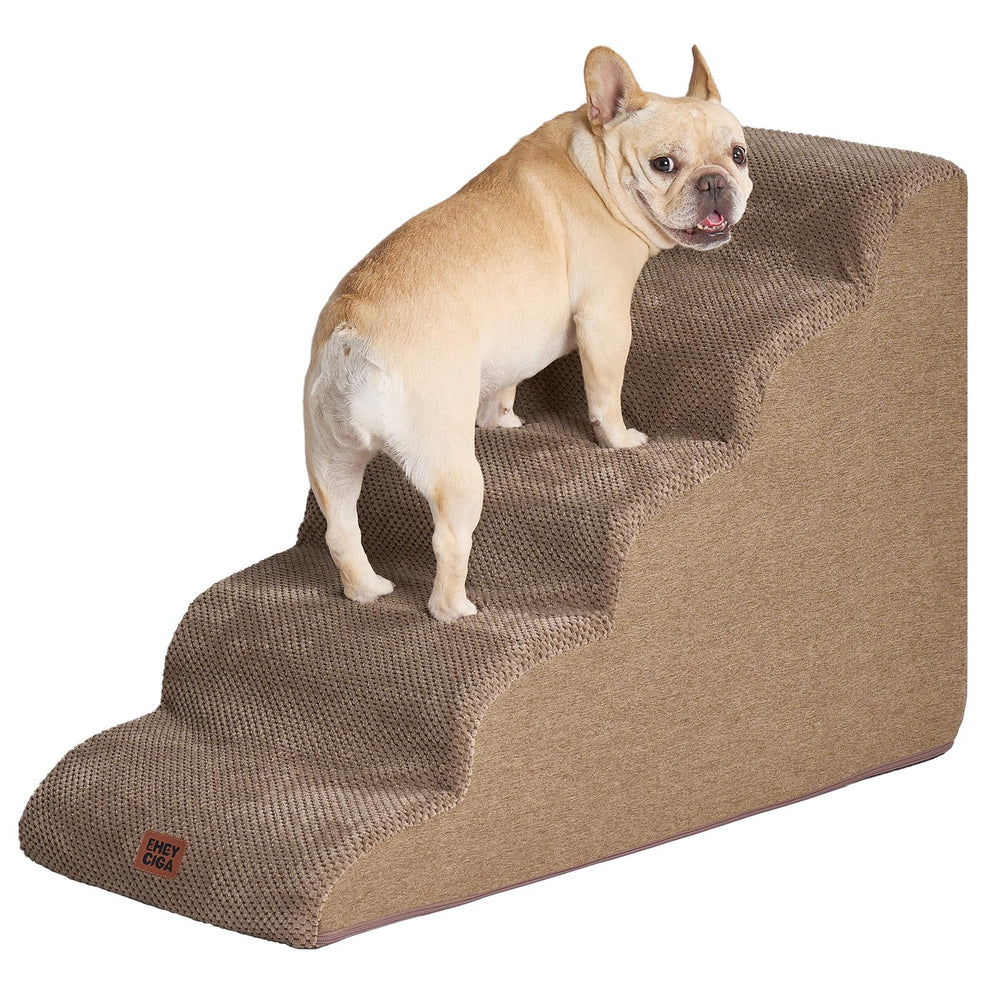 EHEYCIGA curved dog stairs camel color finish complements home decor.