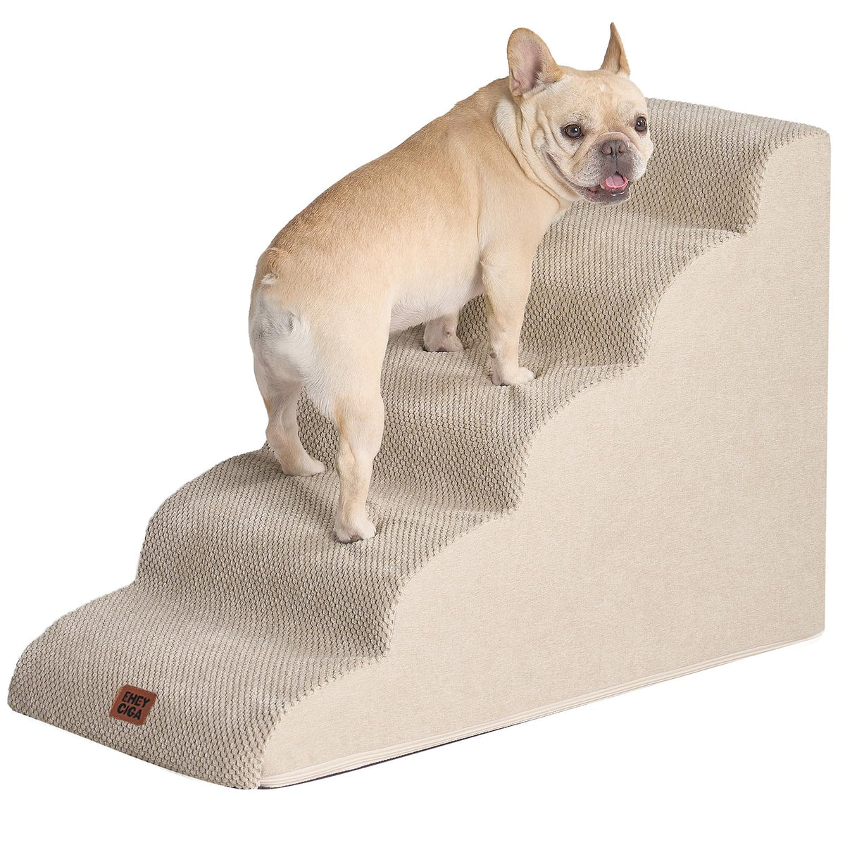 EHEYCIGA curved dog stairs at bed edge for safe, gentle bed access.