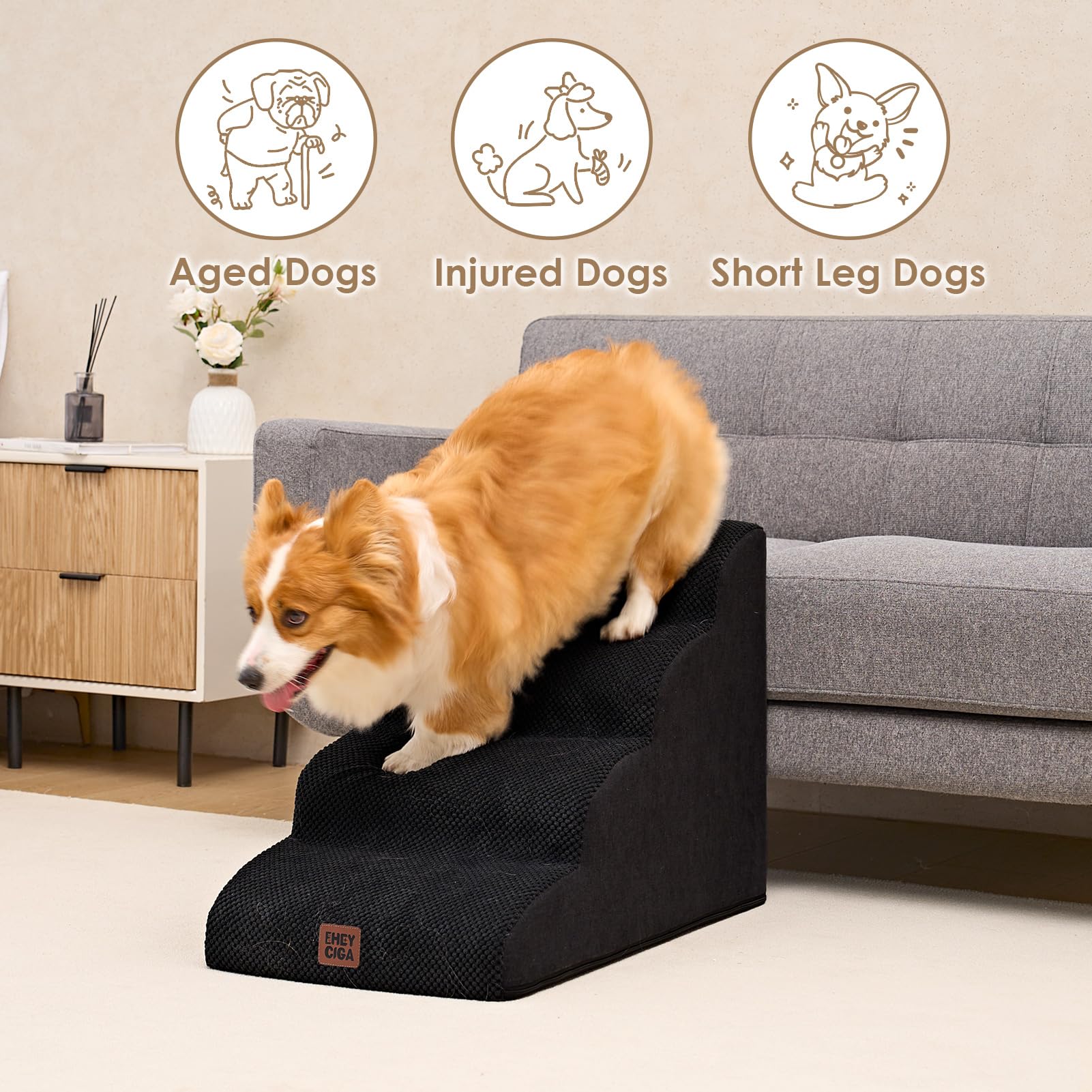 EHEYCIGA curved dog stairs foam density 33D detail demonstrates stable support