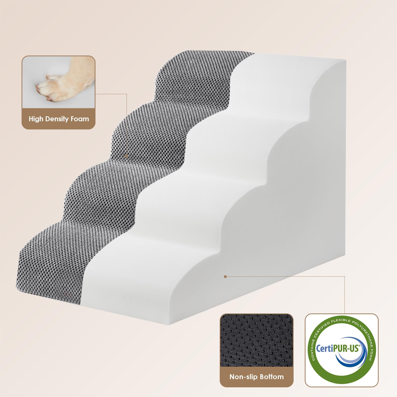 EHEYCIGA curved dog stairs foam density delivers steady footing for small dogs.