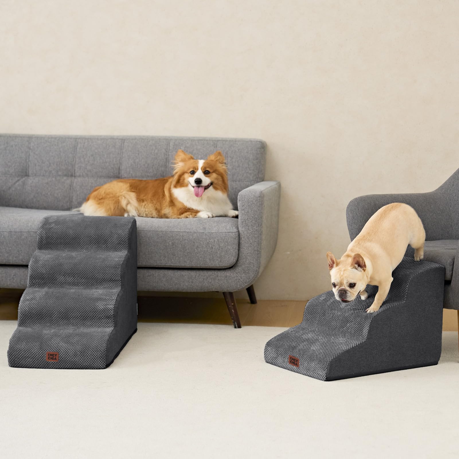 EHEYCIGA curved dog stairs foam expands after unpacking for full support.