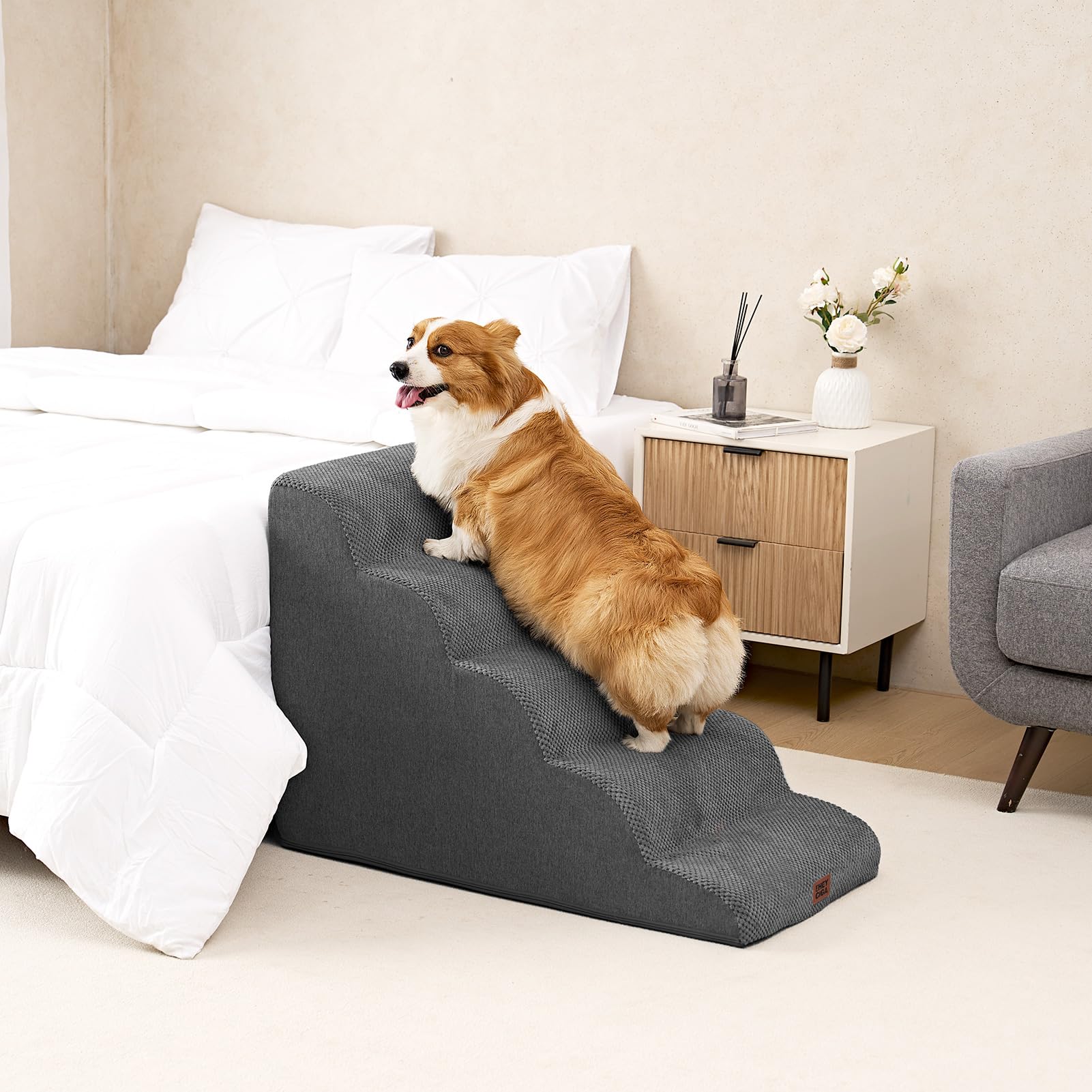 EHEYCIGA grey pet stairs blend with interior decor.