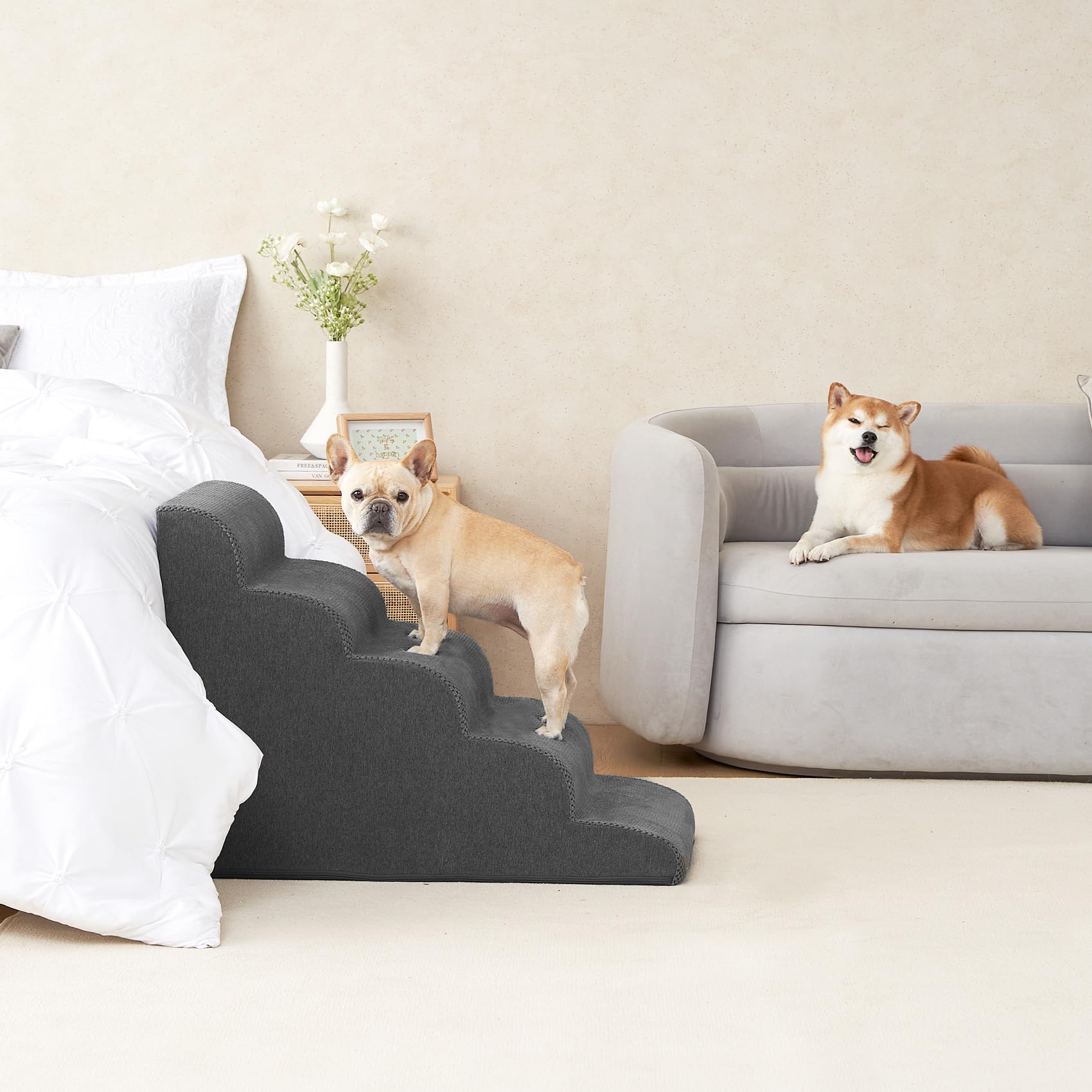 EHEYCIGA curved dog stairs five-step option fits up to high couch heights.