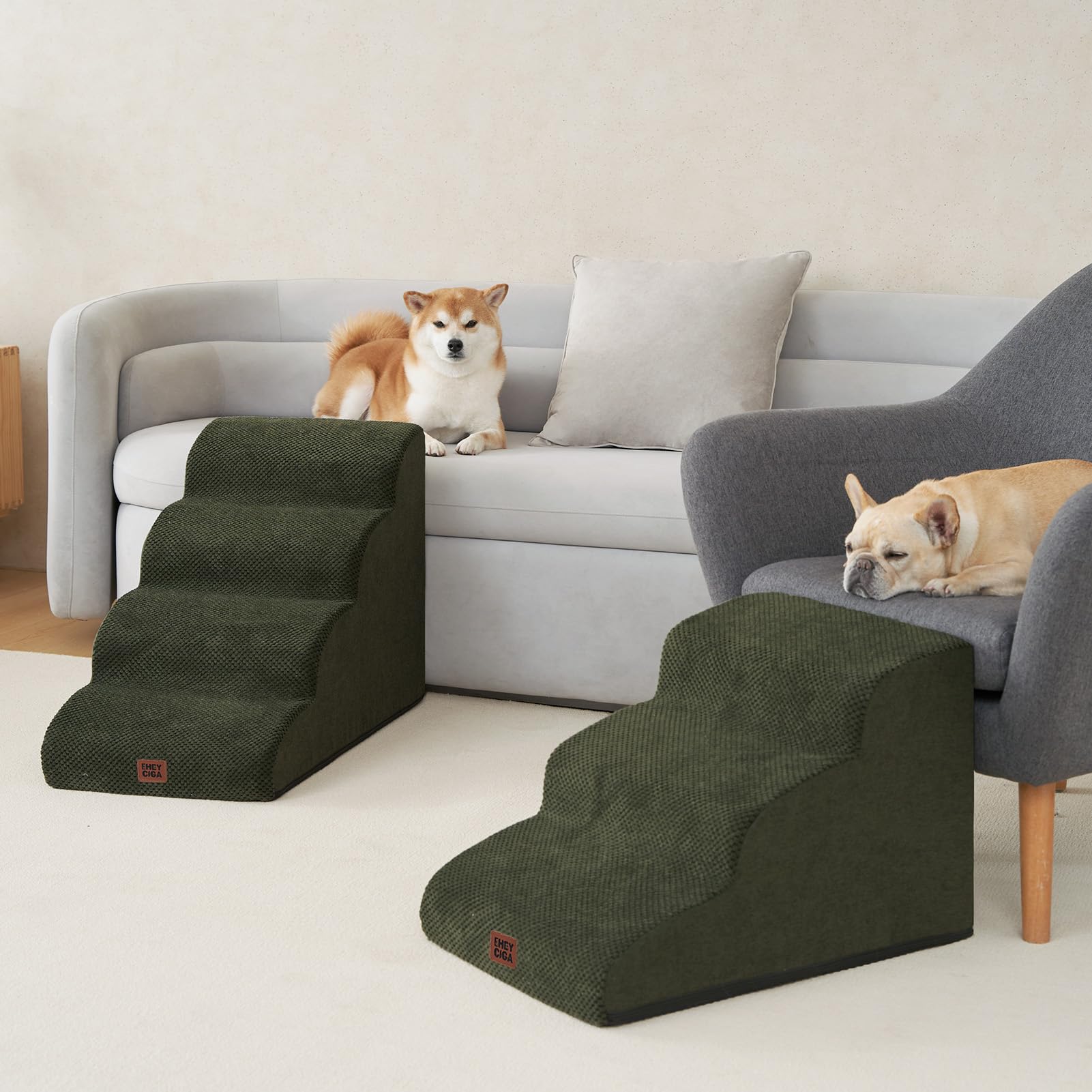 EHEYCIGA curved dog stairs military-green color blends with living spaces.