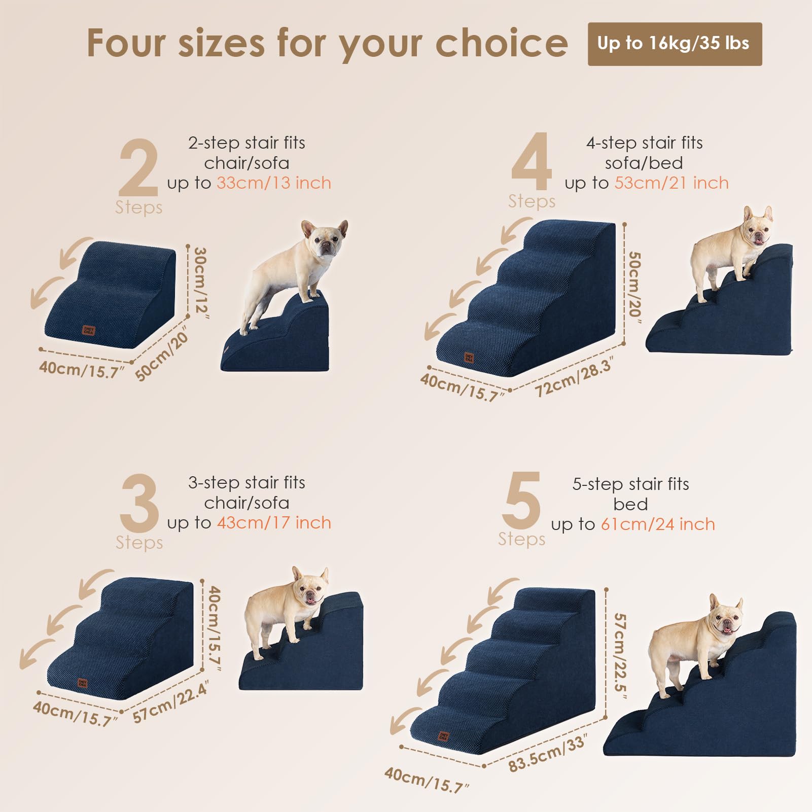 EHEYCIGA curved dog stairs navy on bed edge, gentle climb for small dogs