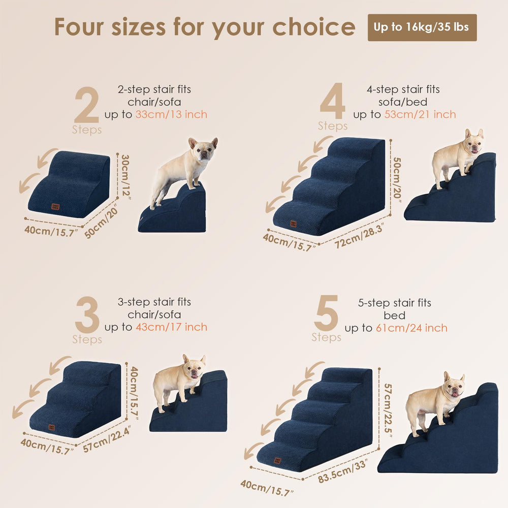 EHEYCIGA curved dog stairs navy on bed edge, gentle climb for small dogs