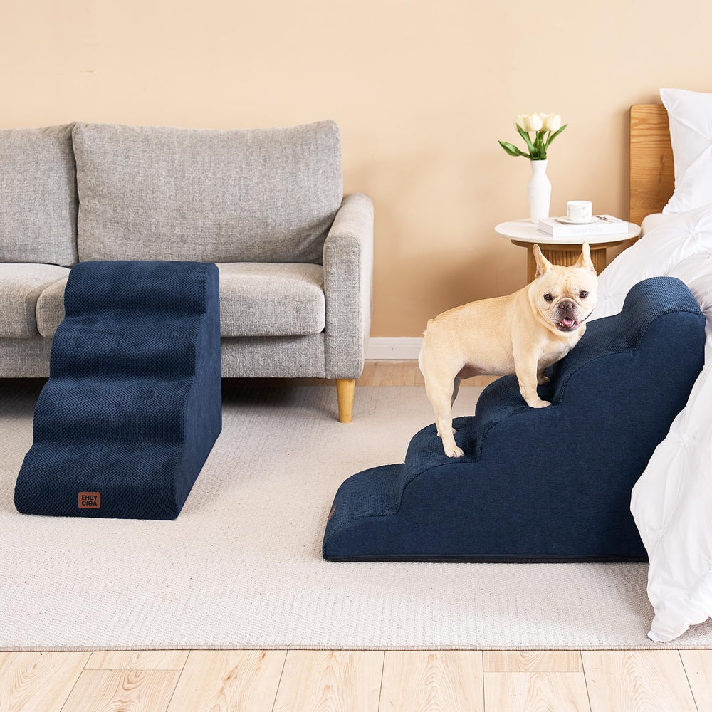 EHEYCIGA curved dog stairs navy setup in room, ready for pet access