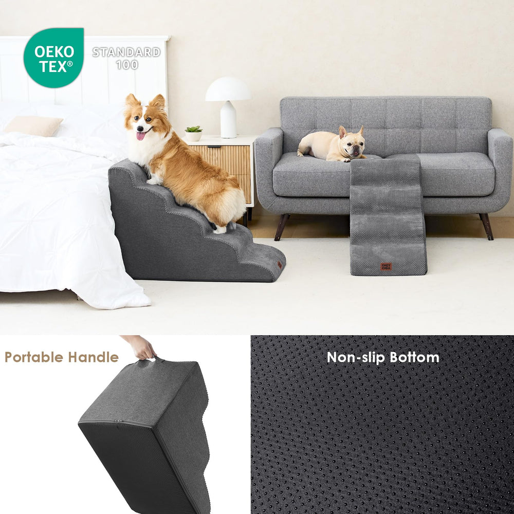 EHEYCIGA curved dog stairs non-slip base keeps stairs steady indoors.
