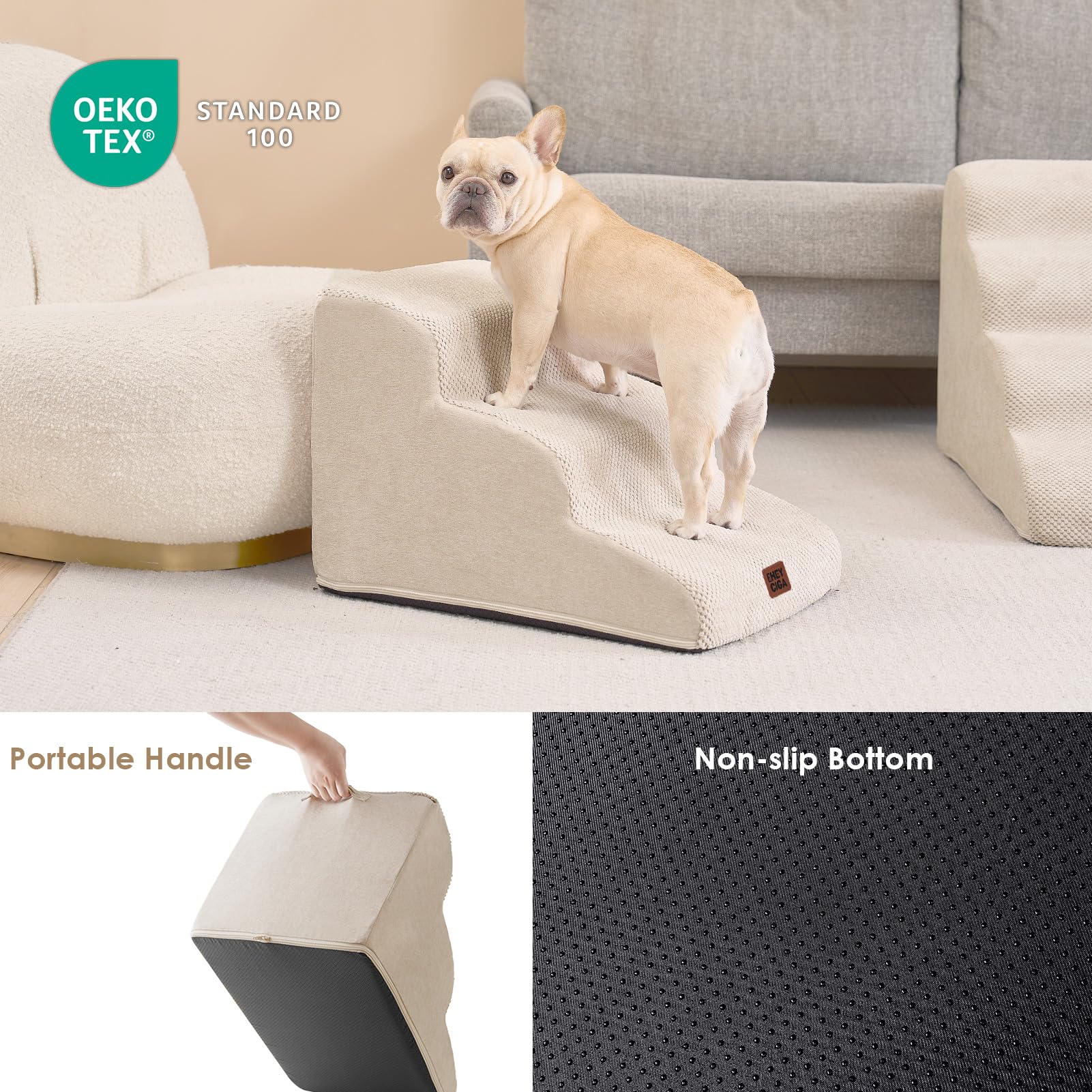 EHEYCIGA curved dog stairs non-slip base ensures balanced footing on indoor floors.