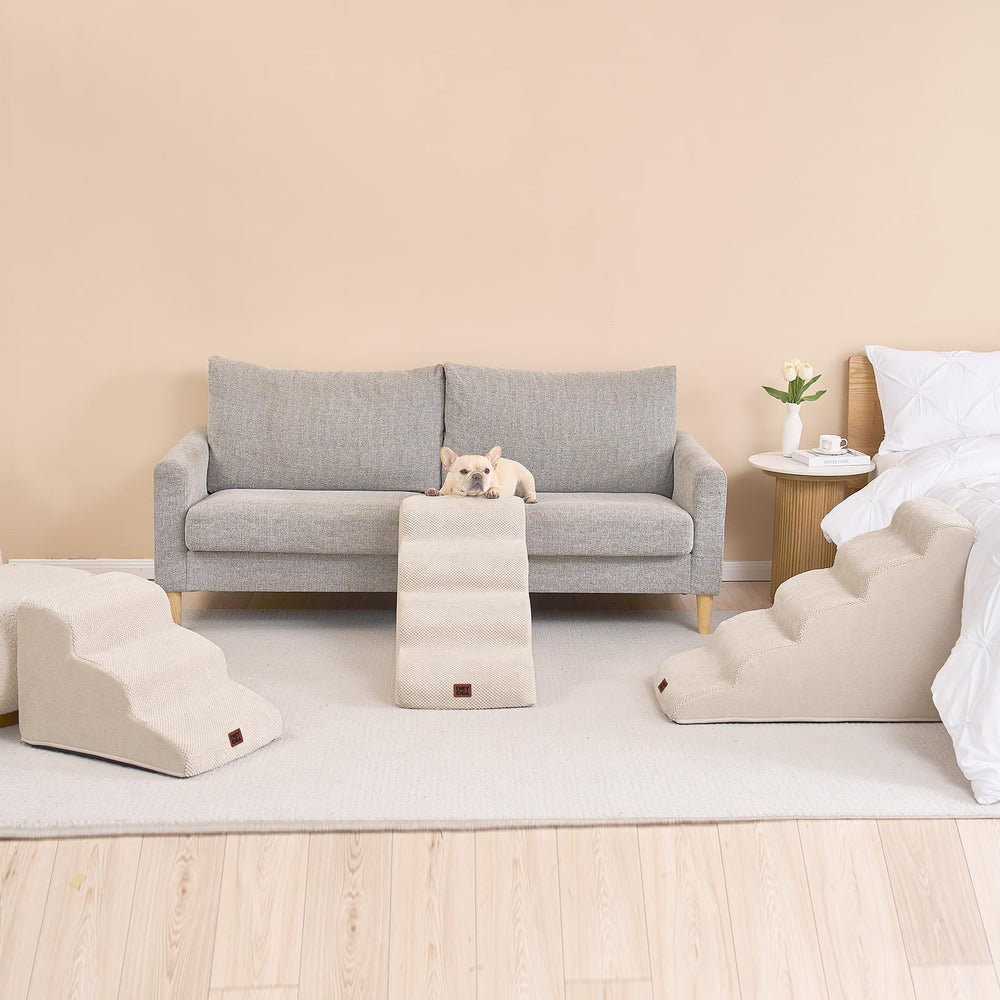 EHEYCIGA curved dog stairs non-slip base for safety on slick floors.