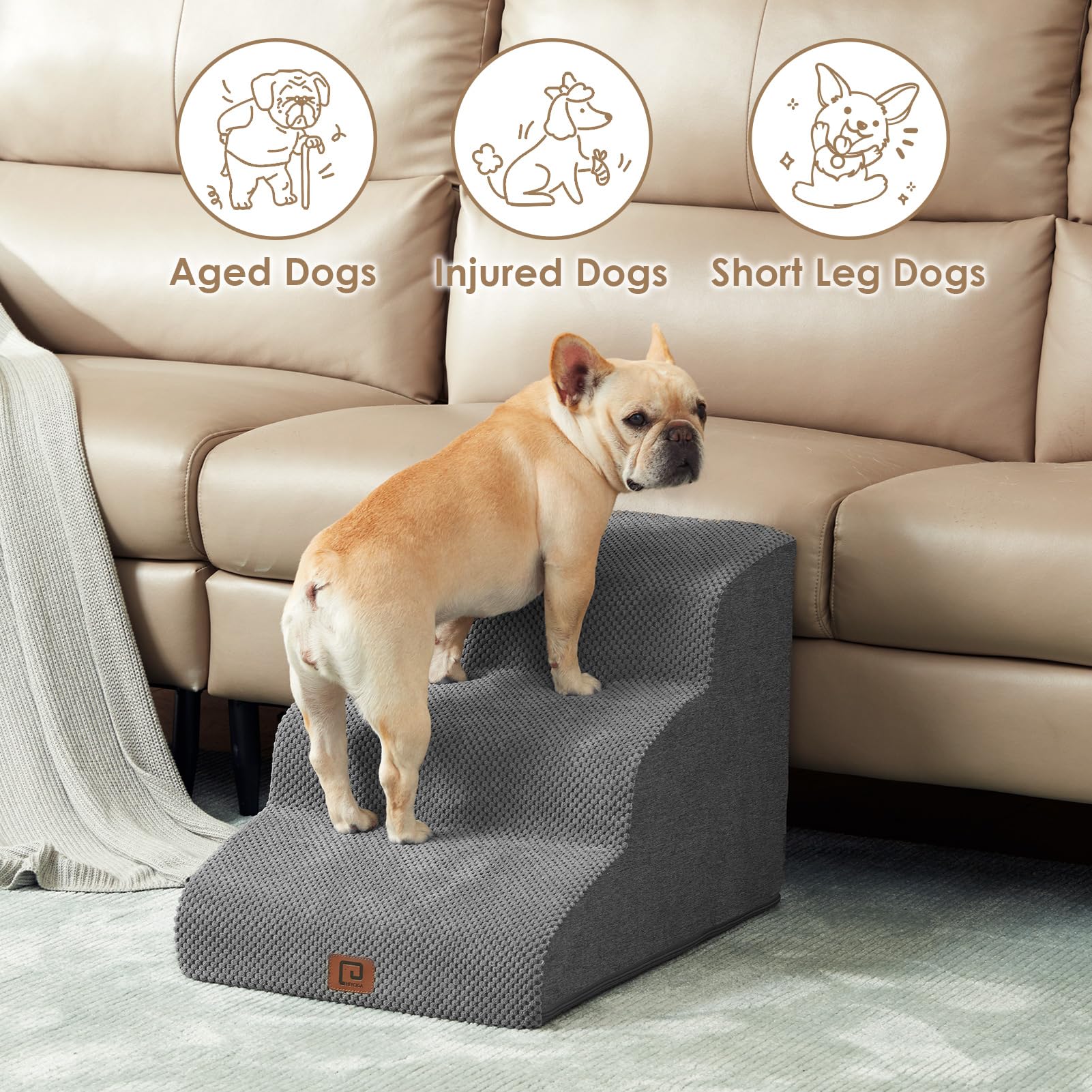 EHEYCIGA curved dog stairs on sofa demonstrates stable access to seating.