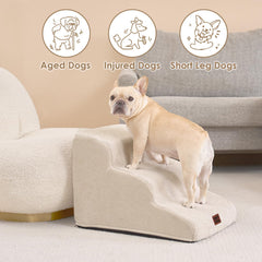 EHEYCIGA curved dog stairs beige with pet ascending onto sofa shows gentle elevation.