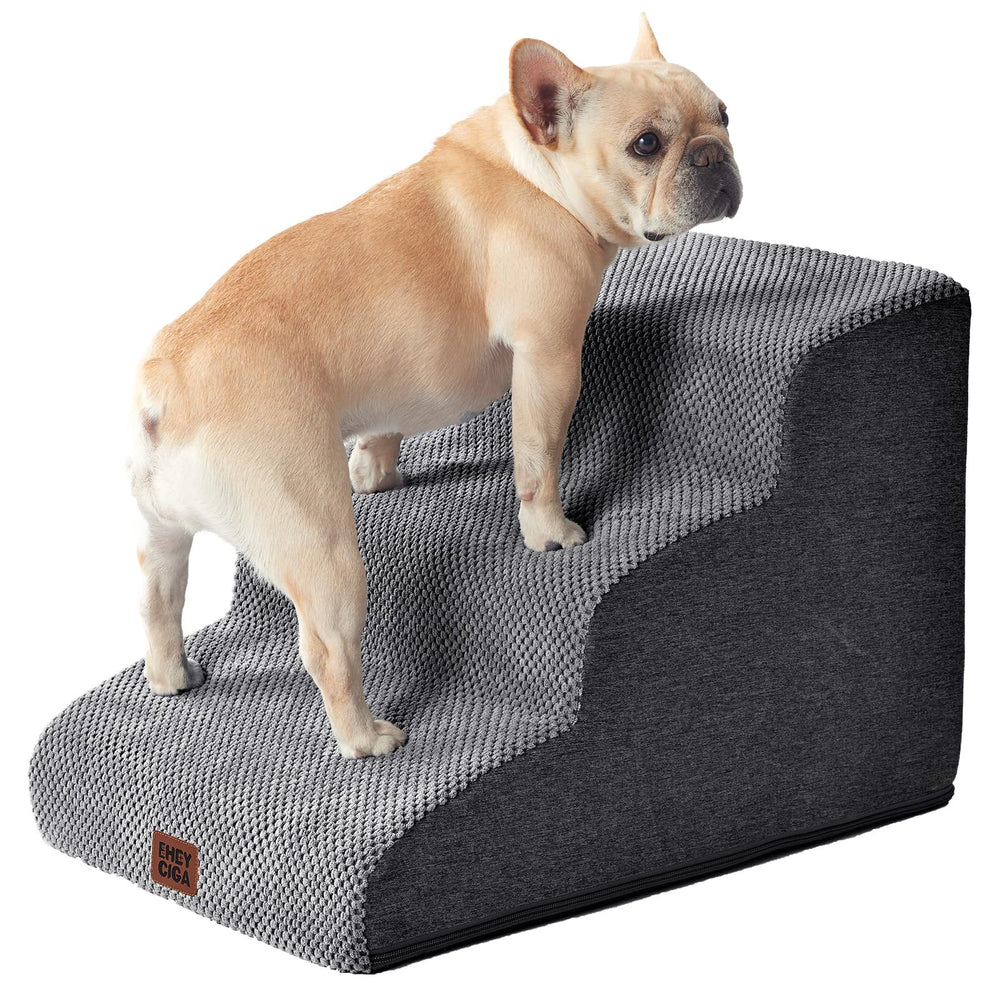 EHEYCIGA curved dog stairs being used by pets for bed access.