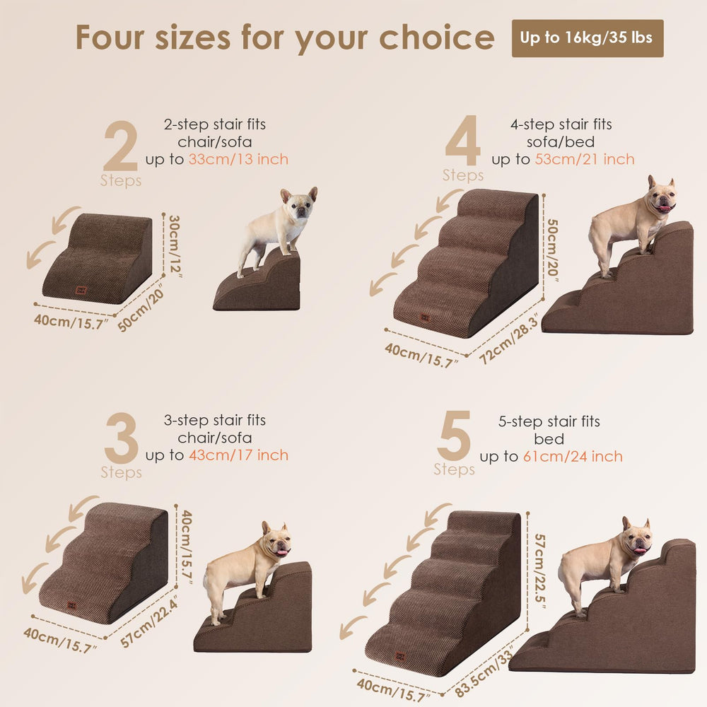 EHEYCIGA curved dog stairs side-profile highlights slim footprint beside furniture.