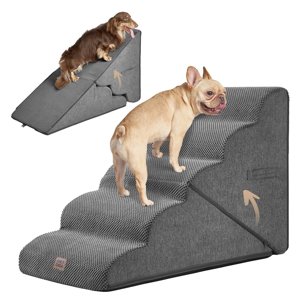 EHEYCIGA curved foldable dog stairs edge-assembly shows stable setup for easy bed access