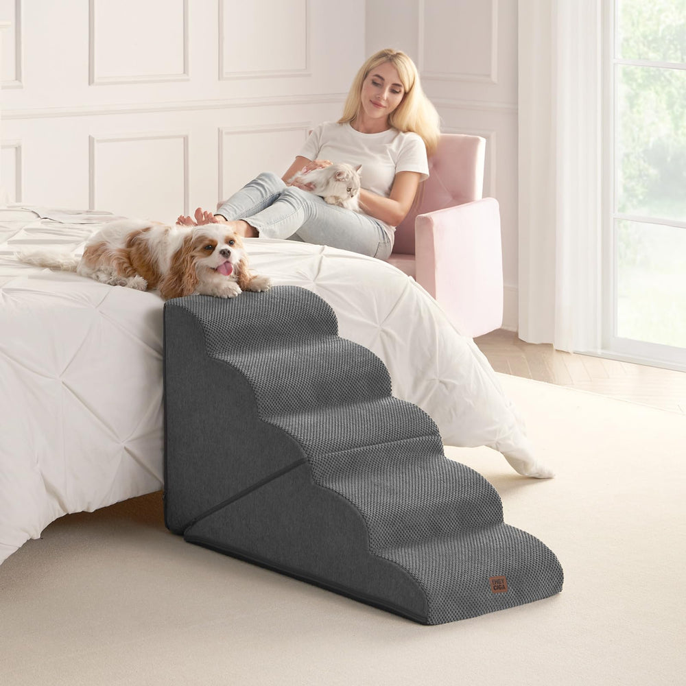 EHEYCIGA curved-foldable-dog-stairs-grey-material highlights durable cushioning and indoor versatility