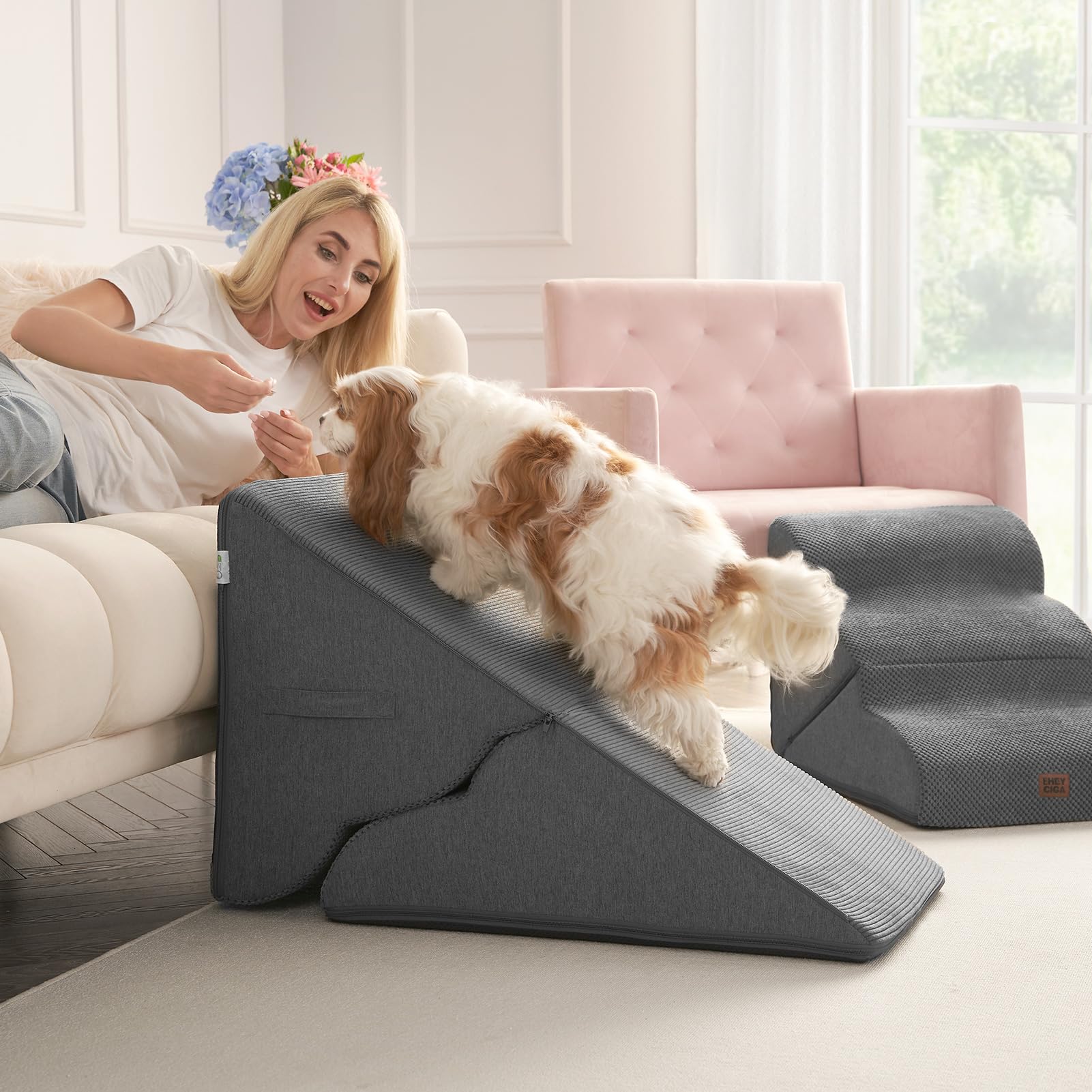 EHEYCIGA curved foldable dog stairs high-bed access at 19.7 inches