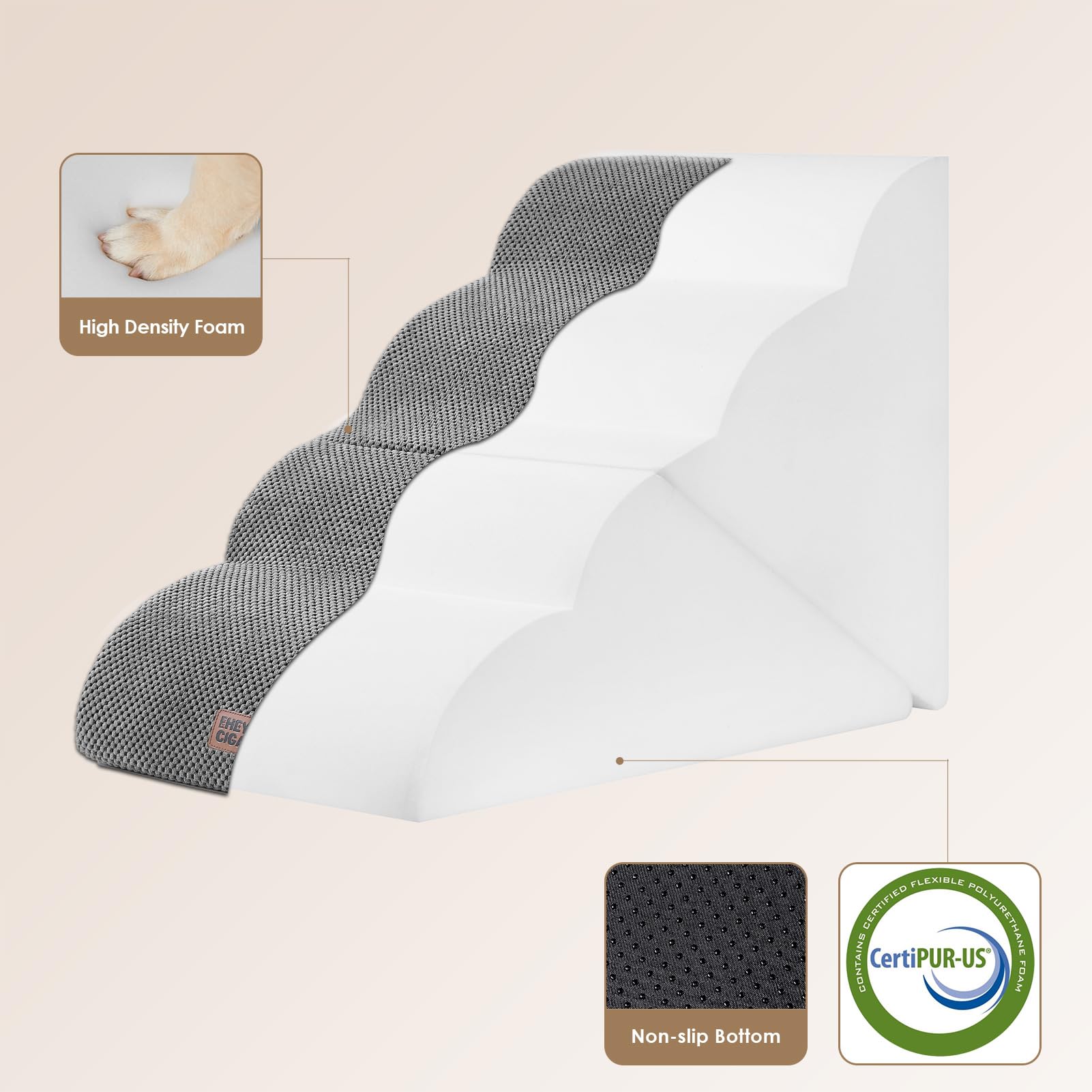 EHEYCIGA curved foldable dog stairs in use on bed highlighting 4-step design