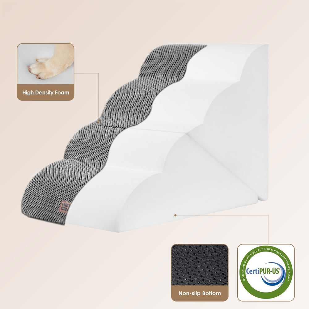 EHEYCIGA curved foldable dog stairs in use on bed highlighting 4-step design