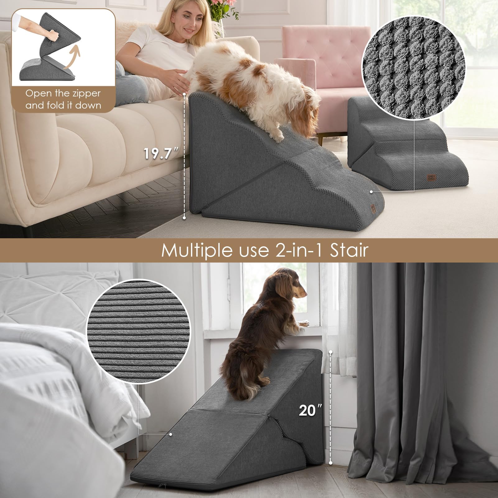 EHEYCIGA curved foldable dog stairs demonstrating low-angle slope for comfort