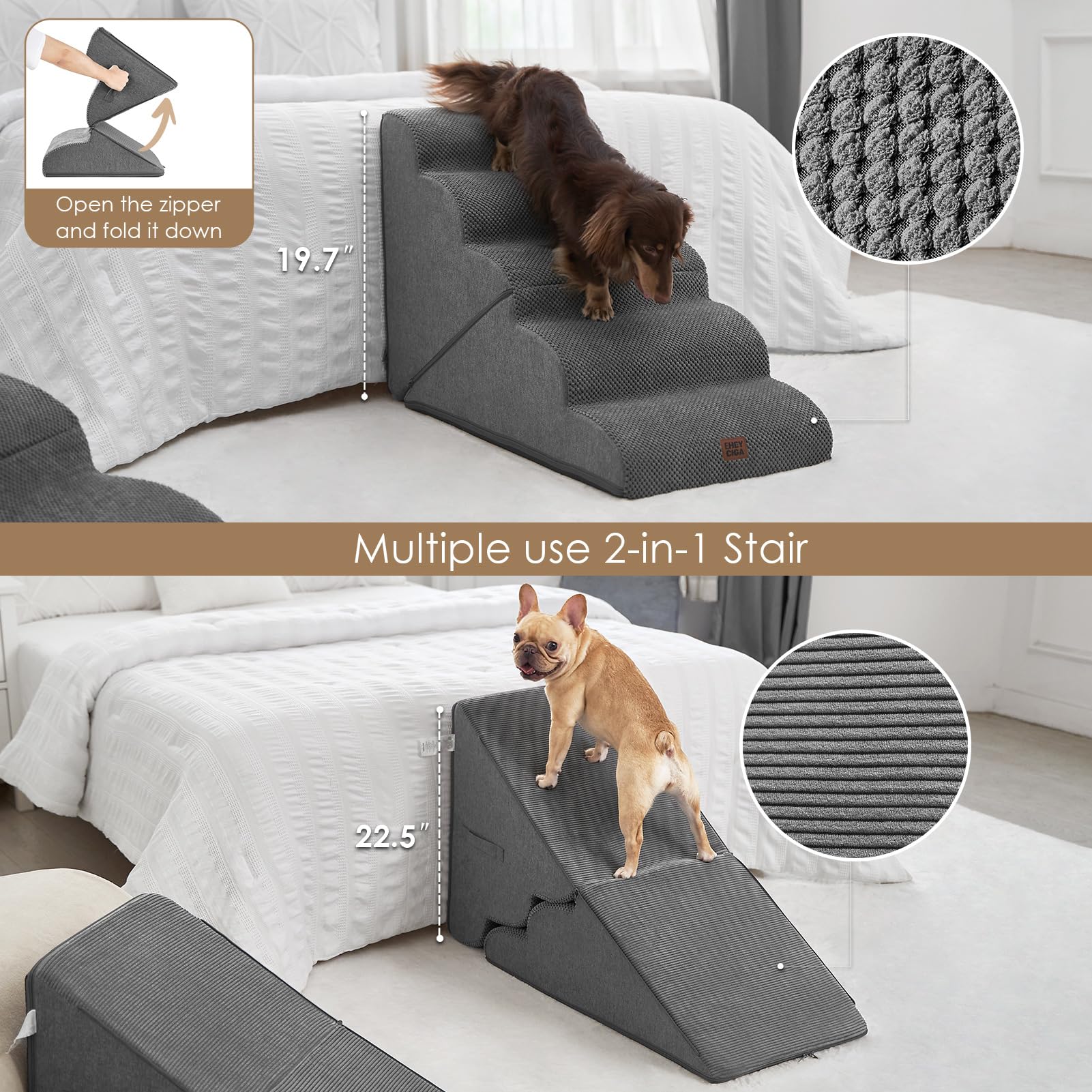 EHEYCIGA curved foldable dog stairs non-slip-surface provides secure footing during climbs