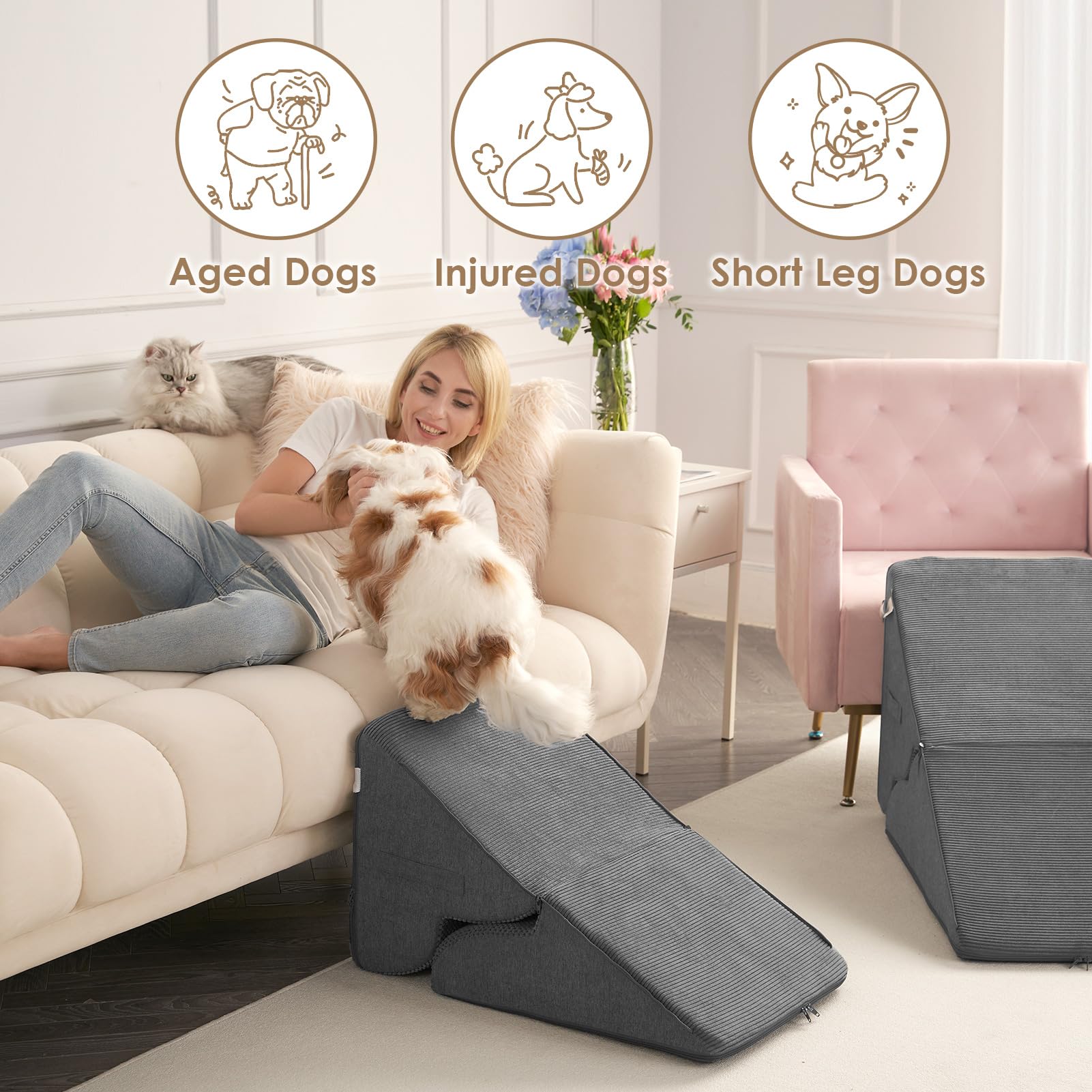 EHEYCIGA curved foldable dog stairs removable cover for easy cleaning