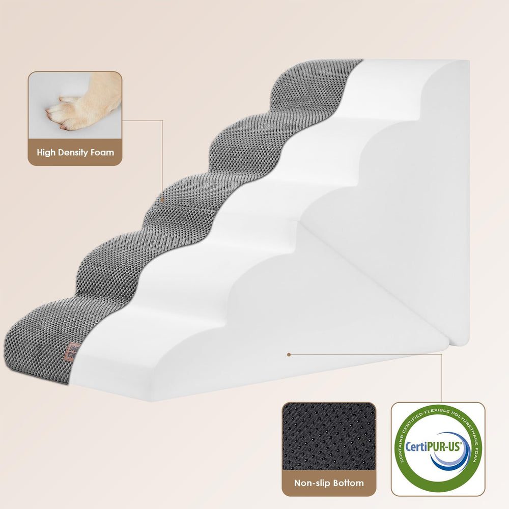 EHEYCIGA curved foldable dog stairs side-view highlights slim profile for living room use