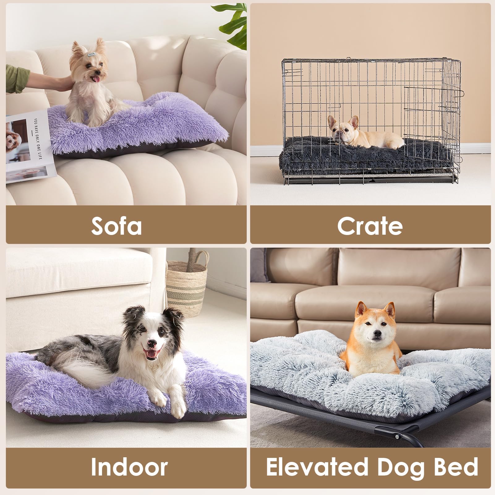 EHEYCIGA Fluffy Dog Crate Bed setup in crate or on floor for versatile use.