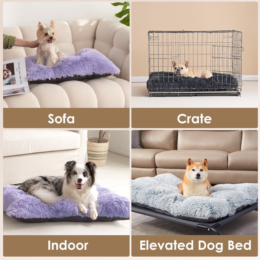 EHEYCIGA Fluffy Dog Crate Bed setup in crate or on floor for versatile use.