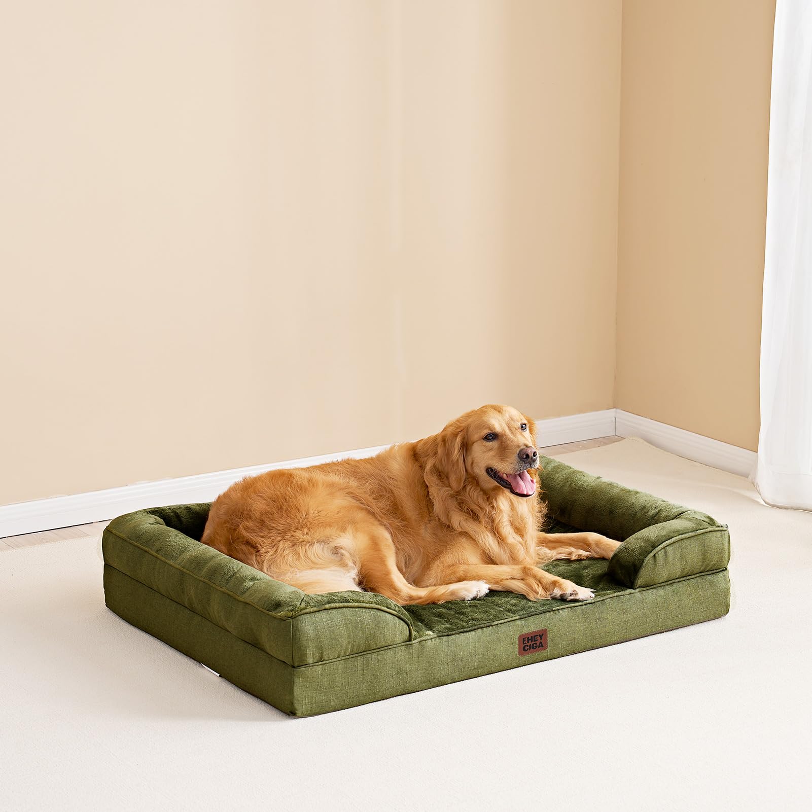 EHEYCIGA dog resting on bed in a serene home setting.