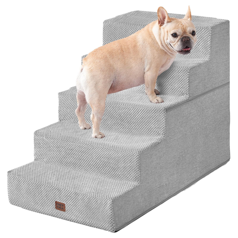 EHEYCIGA dog stairs 5-step full view showcases sturdy, stable access to a high bed.