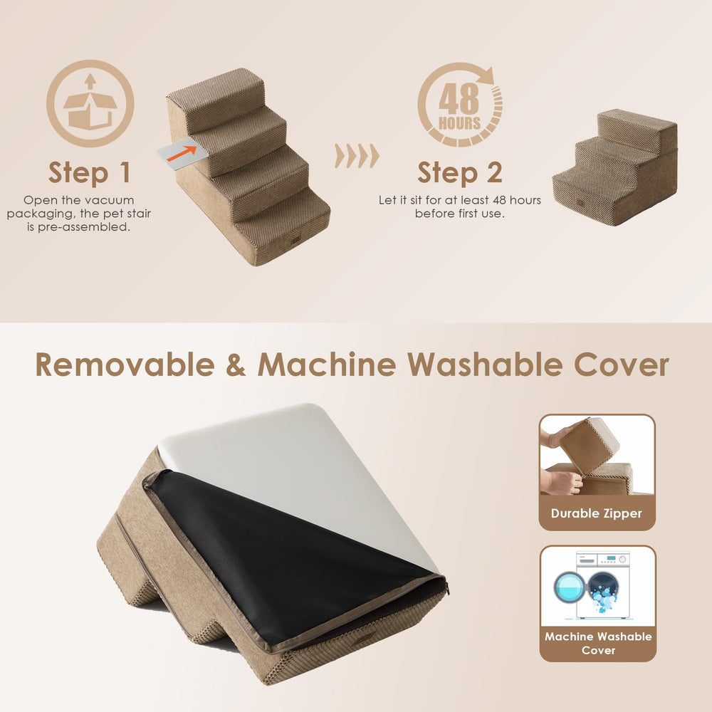EHEYCIGA dog stairs assembly-and-use highlight simple setup beside couch and bed.