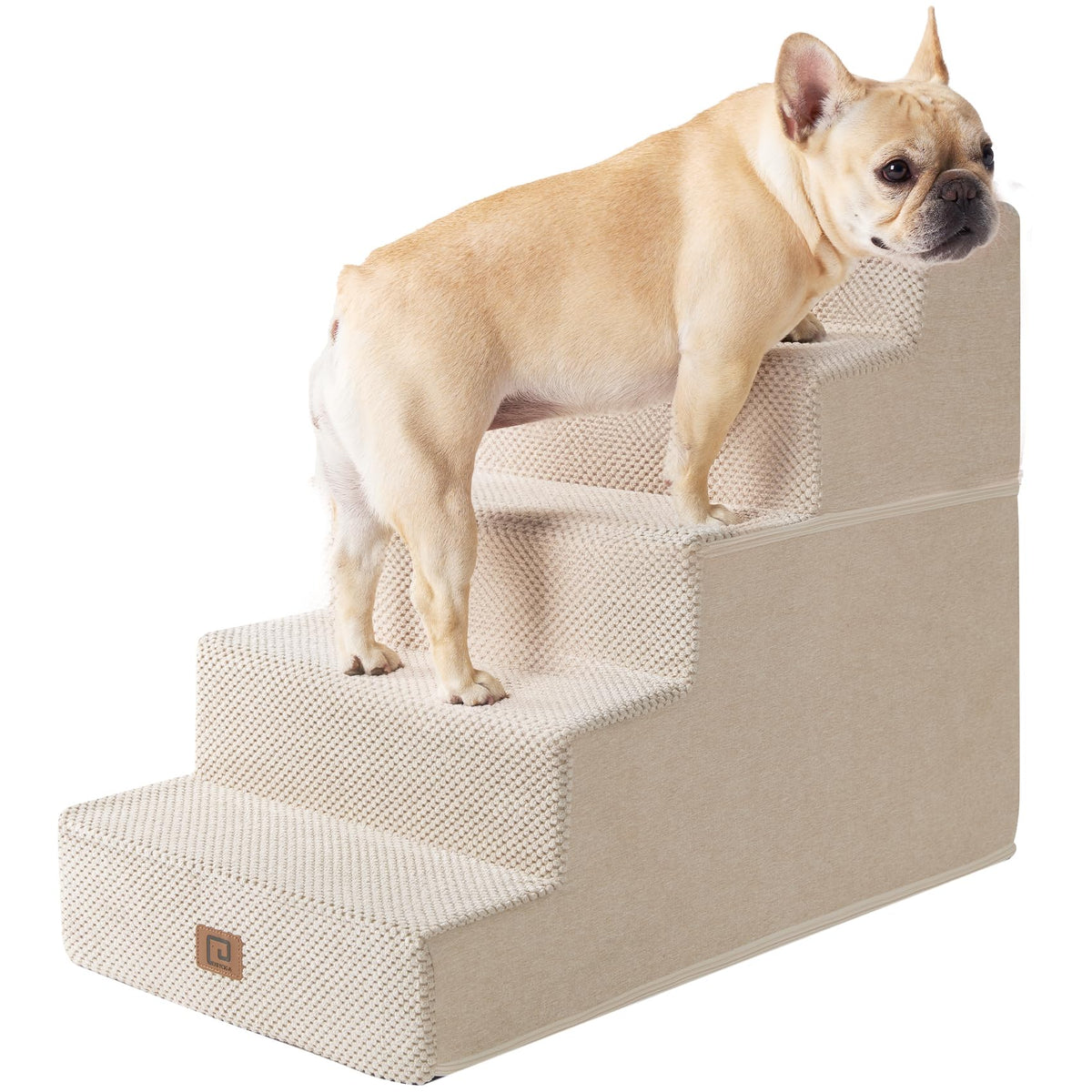 EHEYCIGA dog stairs against bed edge showing 5-step beige design for easy ascent