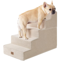 EHEYCIGA dog stairs against bed edge showing 5-step beige design for easy ascent