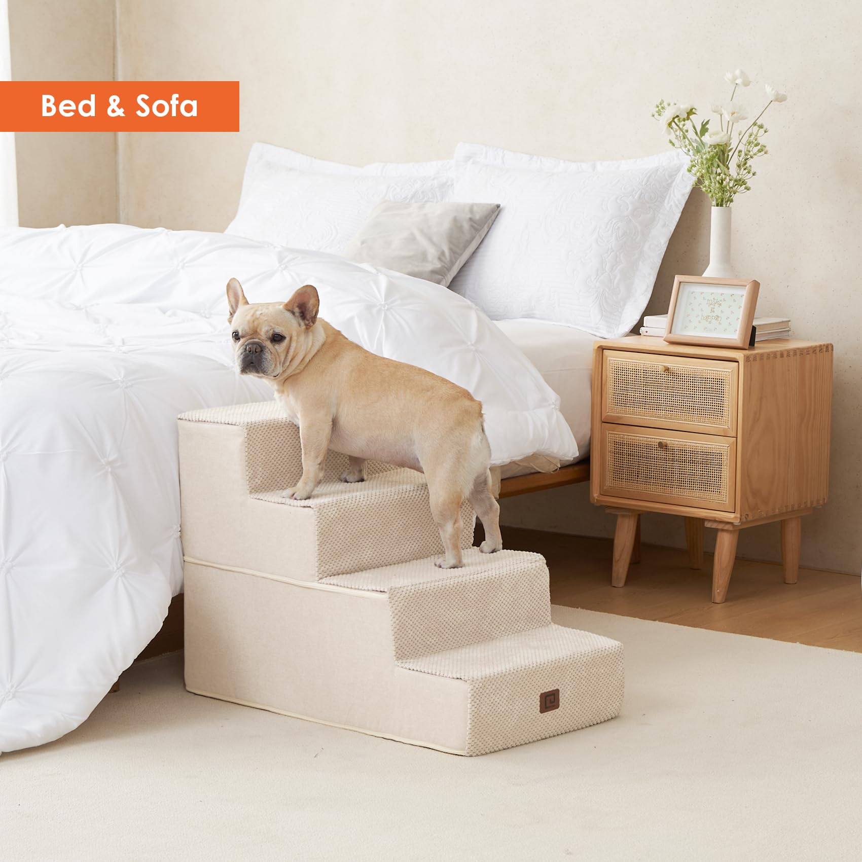 EHEYCIGA beige fabric cover offers soft, pet-friendly texture.