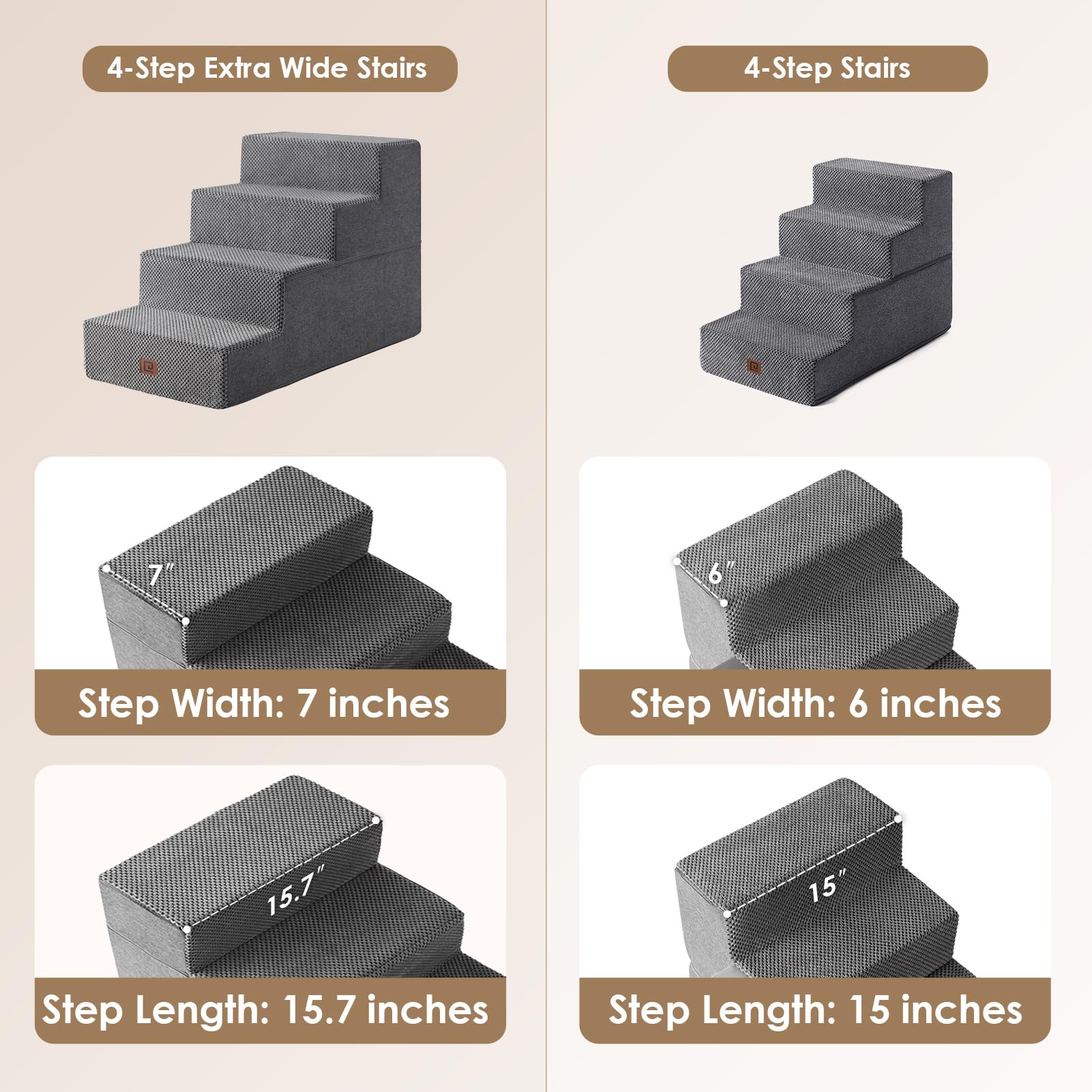EHEYCIGA dog stairs four-step front grey demonstrates wide step surface for confident jumps.