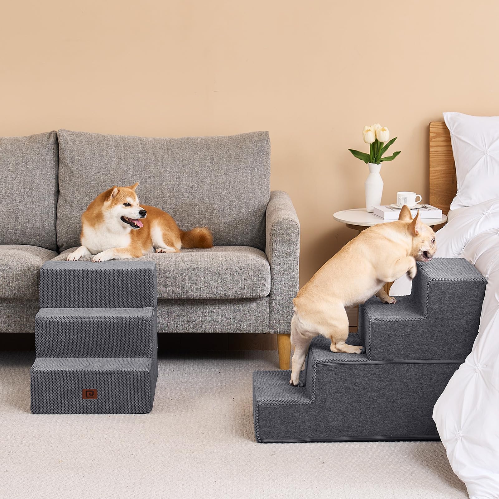 EHEYCIGA dog stairs non-slip surface grey ensures steady footing on slick floors.