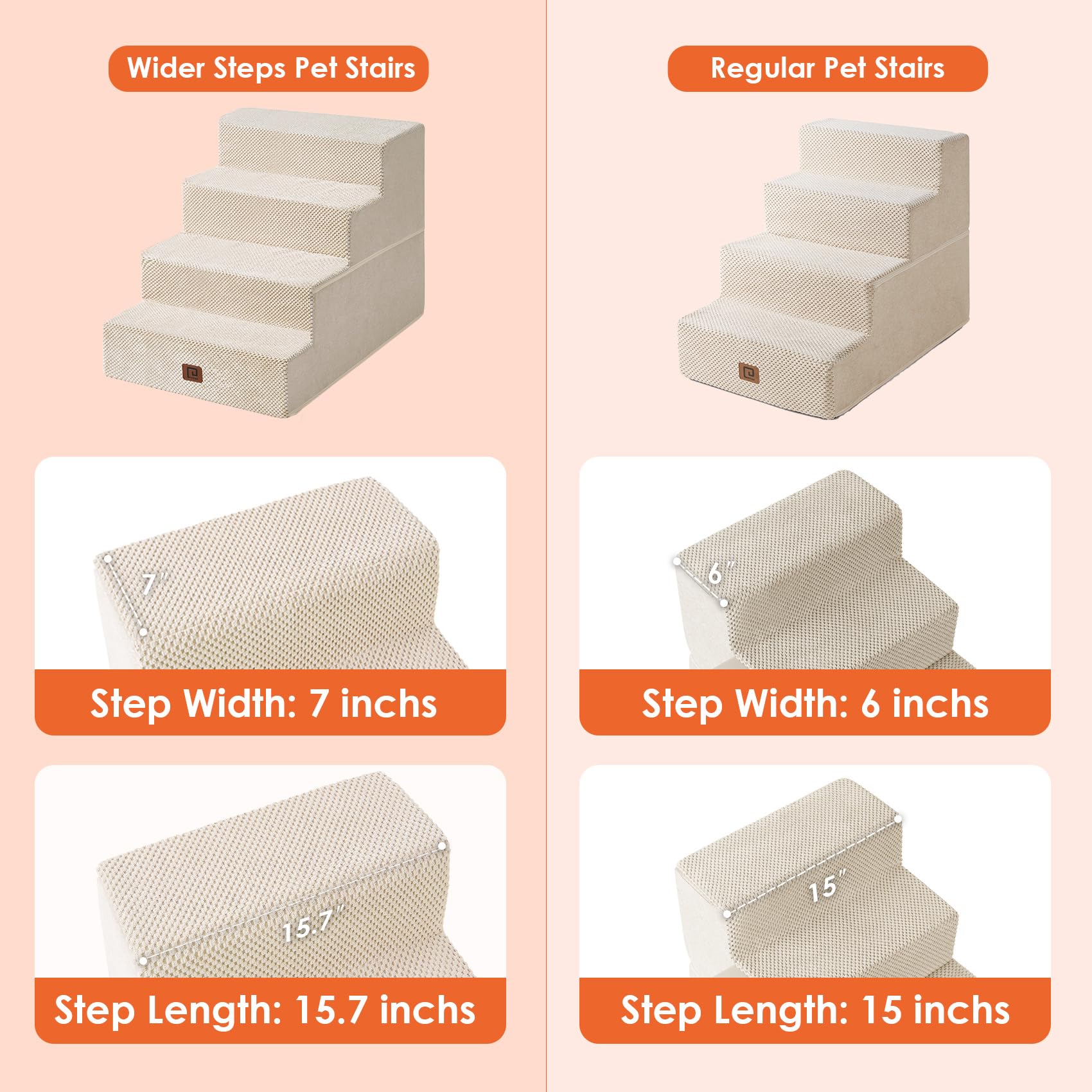 EHEYCIGA dog stairs side view in beige shows sturdy, wide steps for safe ascent.