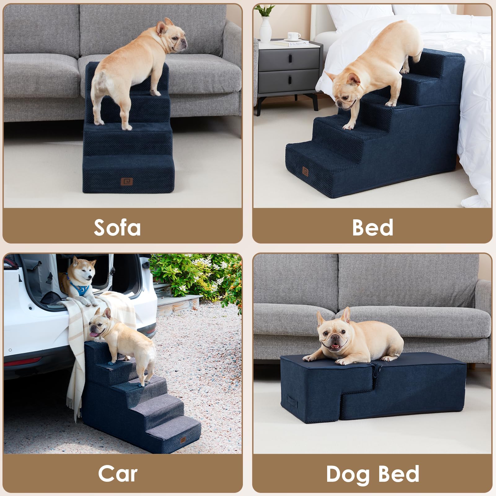 EHEYCIGA dog stairs side view highlights compact, navy design.