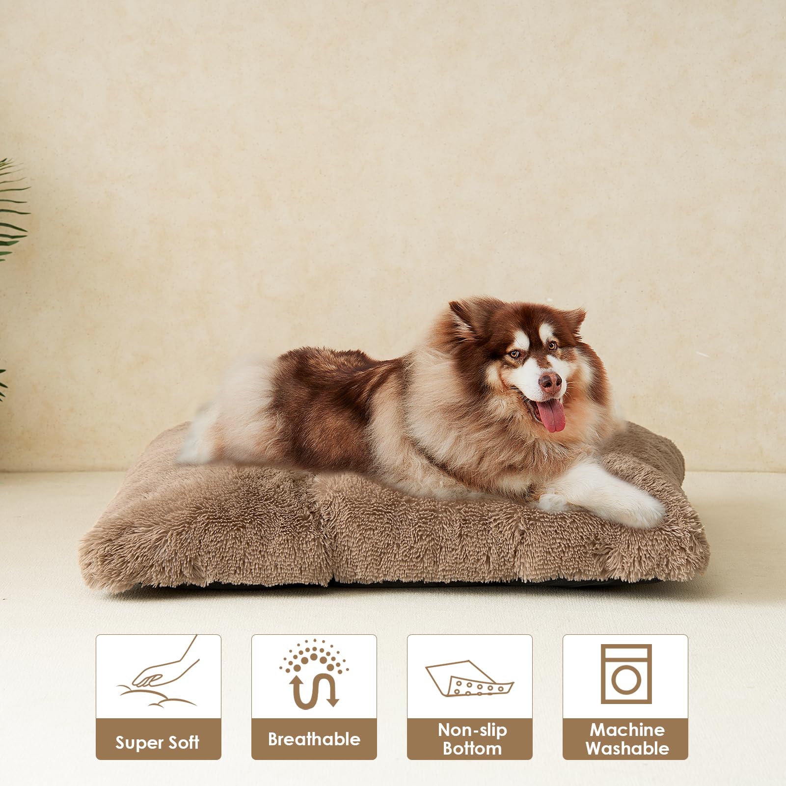 EHEYCIGA Fluffy XXL Dog Crate Pad camel color in a cozy corner.