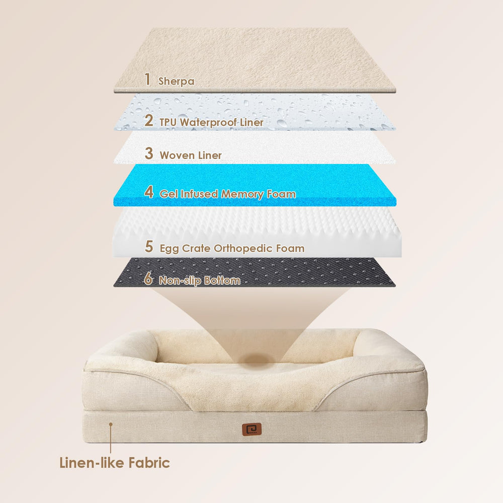 EHEYCIGA memory-foam bed rear view highlights four-sided bolster for lounging.