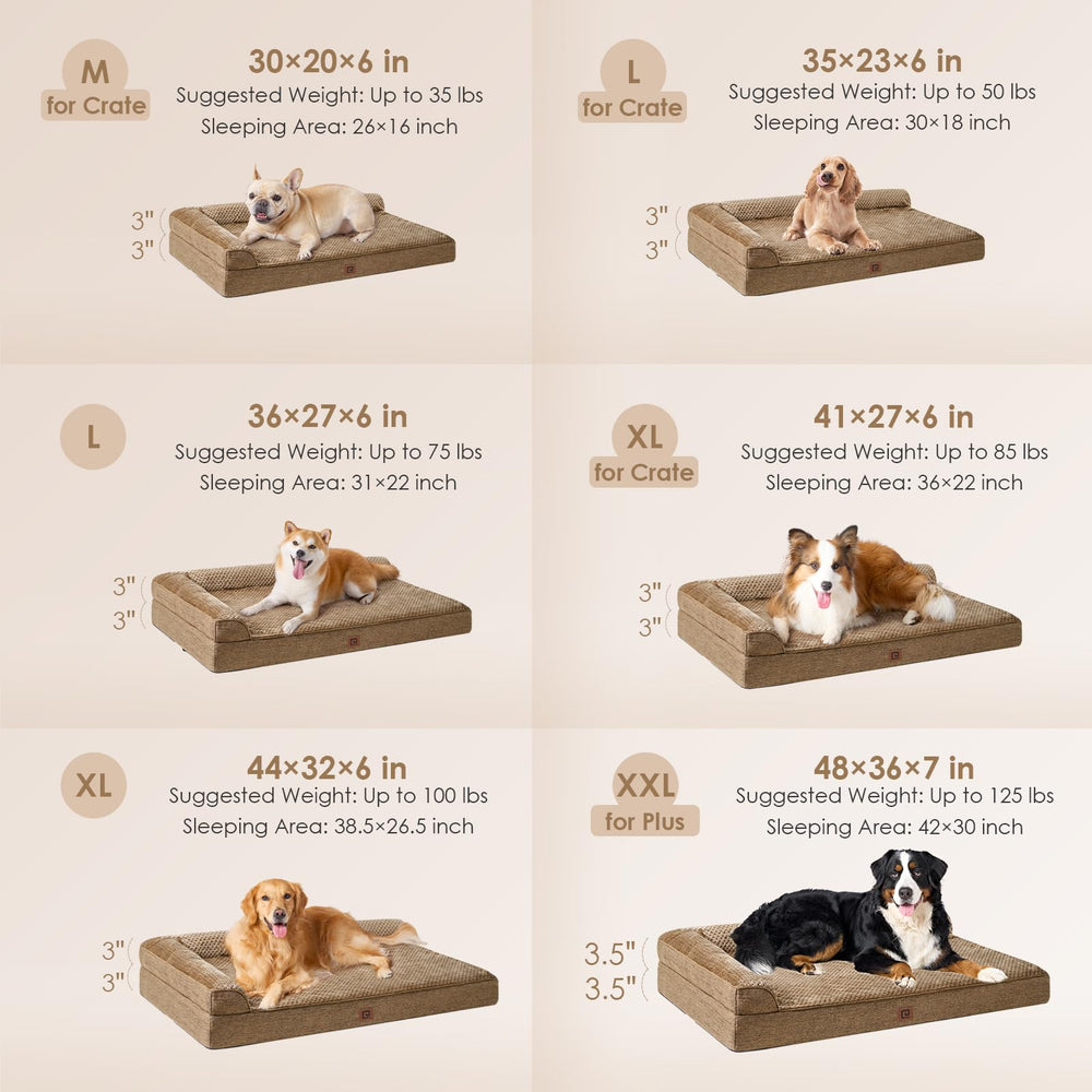 EHEYCIGA memory-foam dog bed camel side-view highlights supportive head and neck.