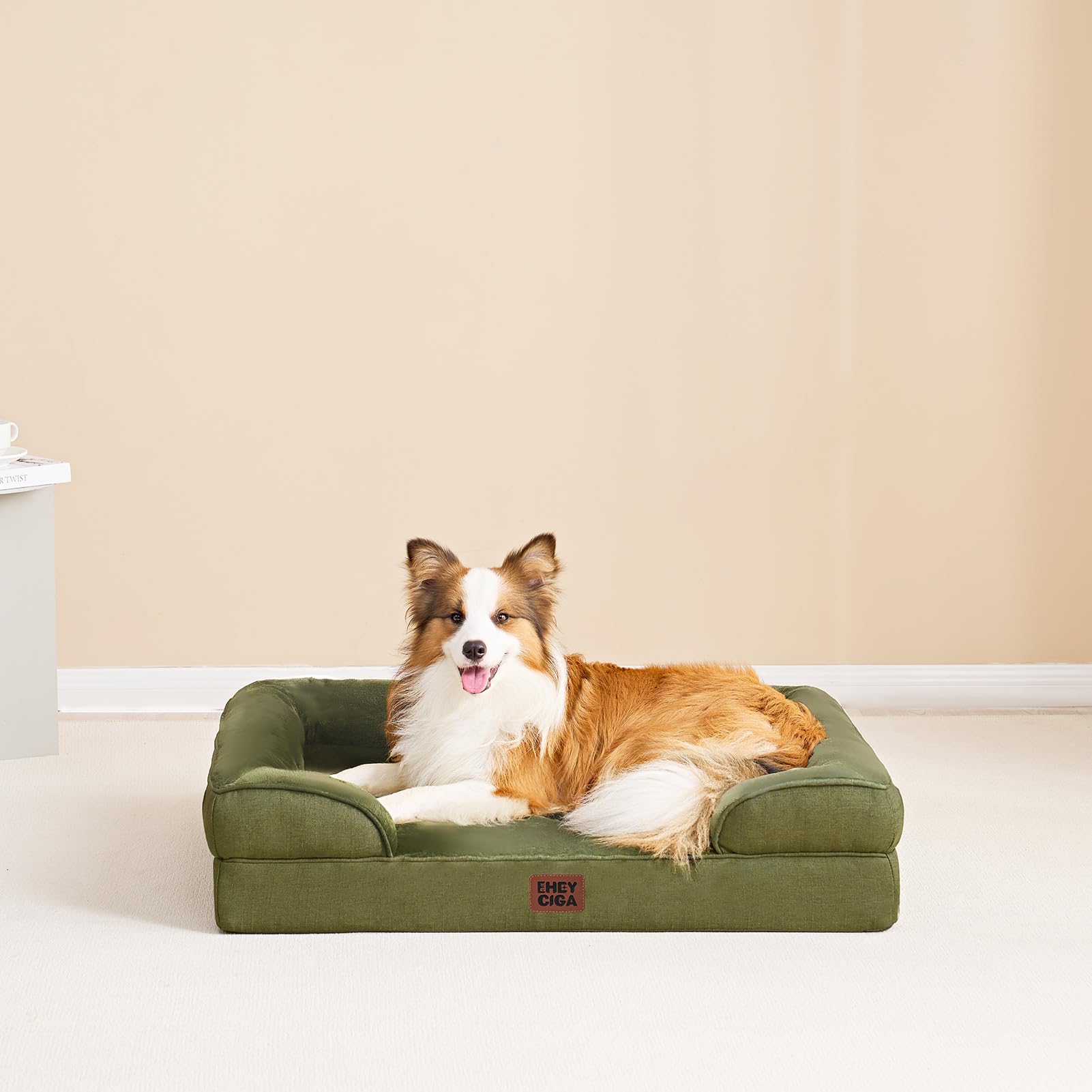 EHEYCIGA olive-green-dog-bed-in-room blends with home decor for comfortable pet space.