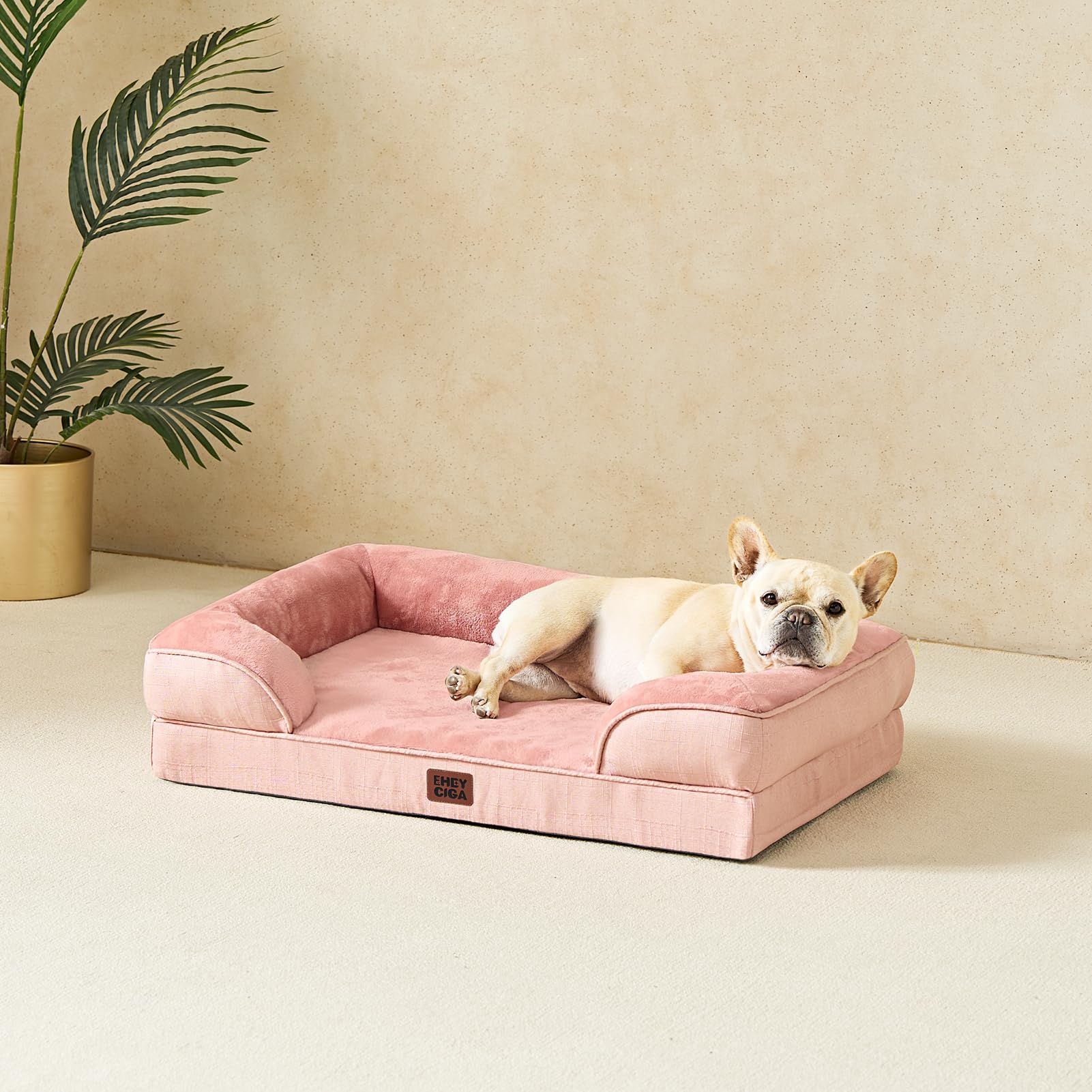 Dusty pink EHEYCIGA bed shown in a living room setup for large dogs.