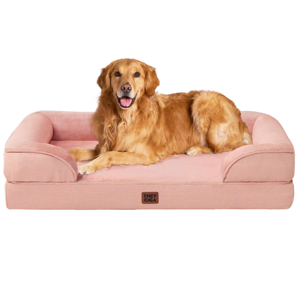 EHEYCIGA orthopedic dog bed dusty pink side view with plush bolster for secure lounging.