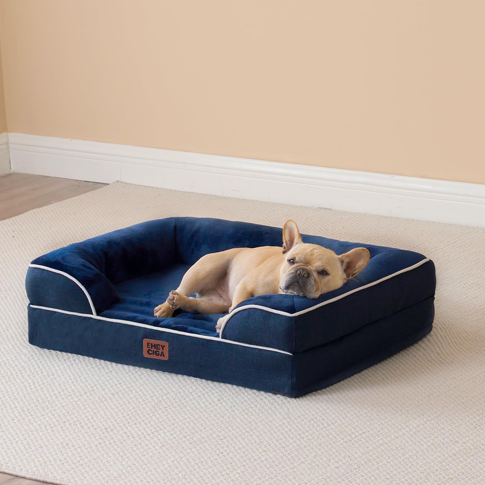 EHEYCIGA orthopedic dog bed in use with small dog enjoying a nap.